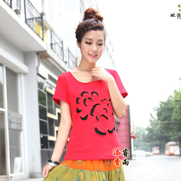 原创民族风波西米亚短袖T恤拼布上衣夏季纯棉修身圆领清仓特价