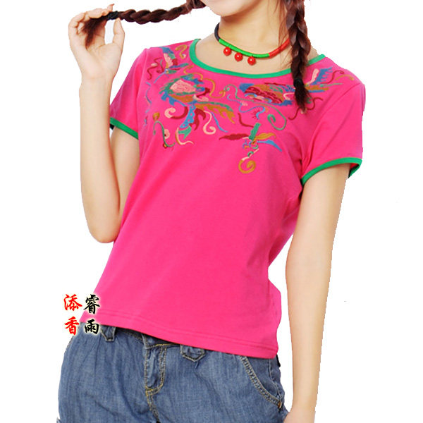 民族风绣花短袖T恤夏季中国风金鱼刺绣圆领修身显瘦纯棉上衣清仓