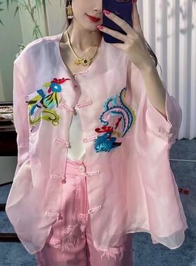 中式国风欧根纱真丝凤凰绣花衬衫