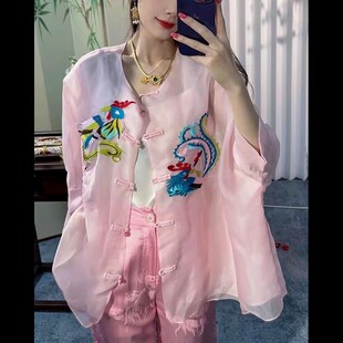 夏季2023气质中式国风欧根纱真丝凤凰刺绣花宽松中长款衬衫外套女