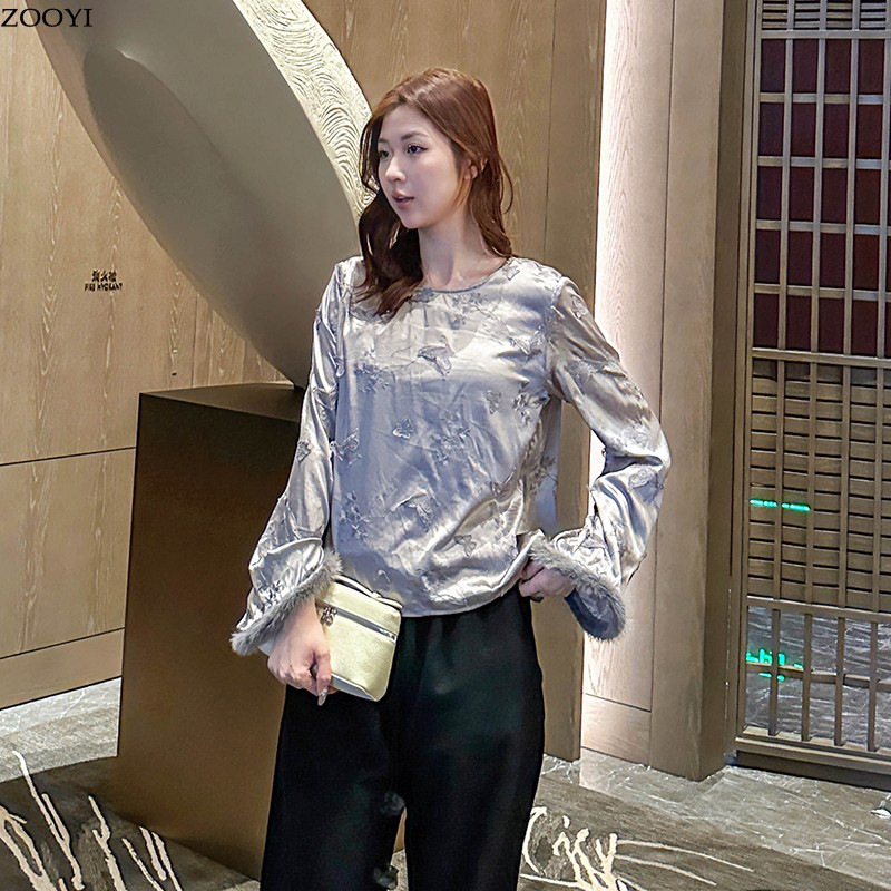 秋季2023新款长袖喇叭袖兔毛边绣花桑蚕丝真丝T恤套头打底衫上衣