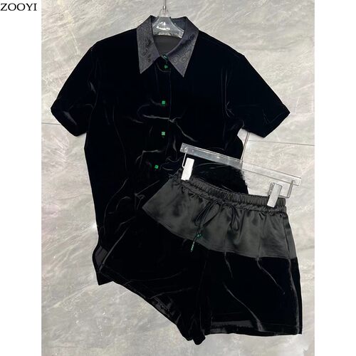 真丝丝绒2022夏季衬衫短裤两件套