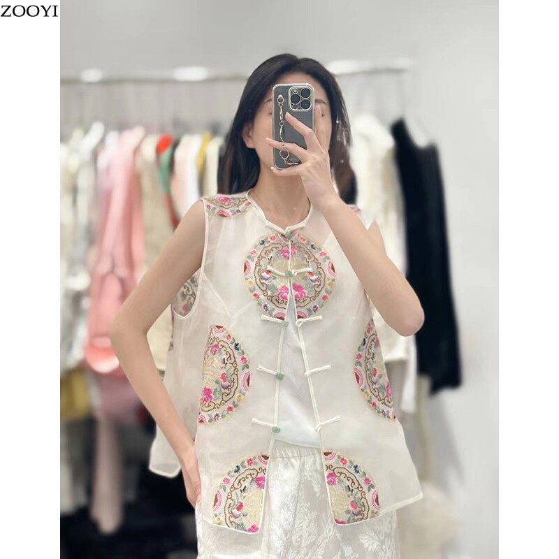 夏季2023新款中式盘扣国风透视真丝欧根纱刺绣花马甲上衣背心女潮