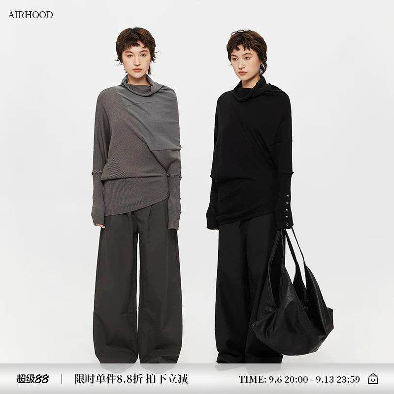 AIRHOOD 废土风春秋季半高领不规则蝙蝠袖针织衫女设计感长袖上衣