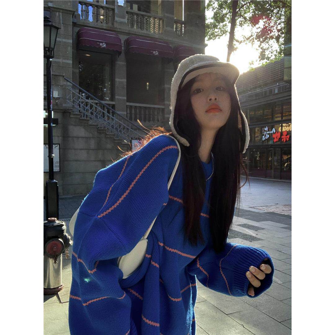 撞色条纹套头慵懒风蓝色毛衣女秋冬软糯韩系高级感宽松针织衫上衣