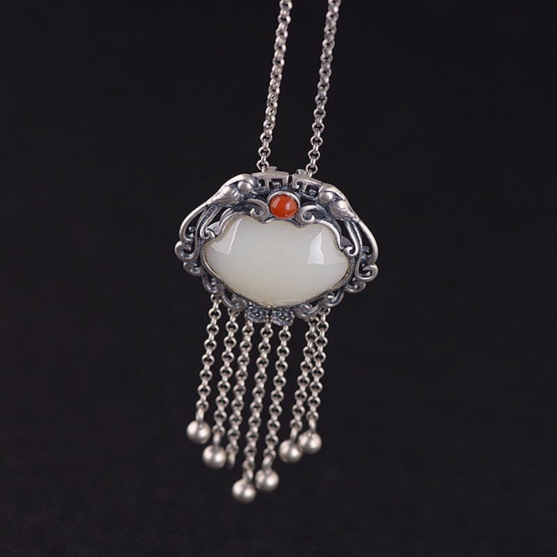 中国风925纯银玉石项链女款中式旗袍汉服银锁毛衣链女款时尚项链