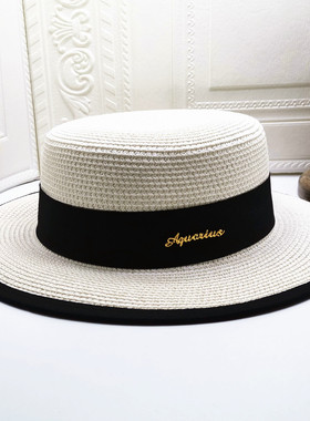 新款女青年平檐优雅遮阳宽檐水钻圆顶白色草编蜜蜂M字母沙滩草帽