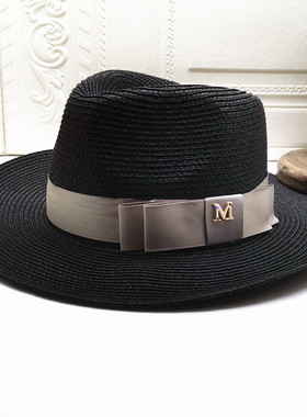 2021年新品夏季大宽檐出游少年蝴蝶结草编高顶礼帽女黑色M草礼帽