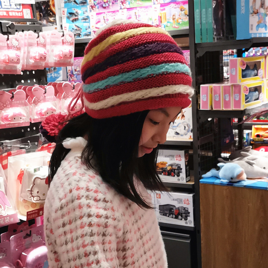 韩版玫红色绒线针织帽护耳少年时尚休闲逛街学生日系圆顶女毛线帽