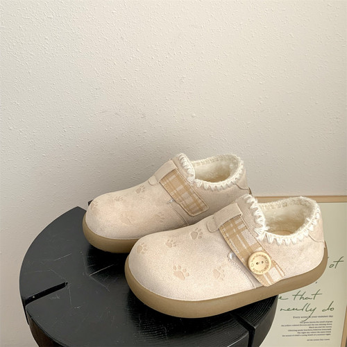 2025冬季新款加绒保暖平底休闲女鞋学生可爱猫爪图案魔术贴棉鞋