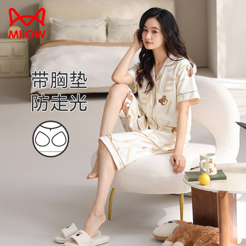 睡衣女款夏季纯棉短袖五分裤套装图片