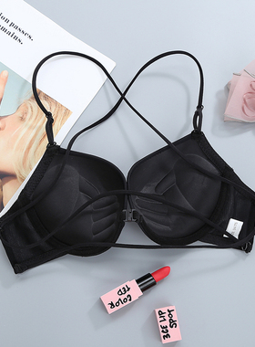 前扣美背内衣少女黑色露背无痕交叉细肩带文胸加厚聚拢小胸罩薄款