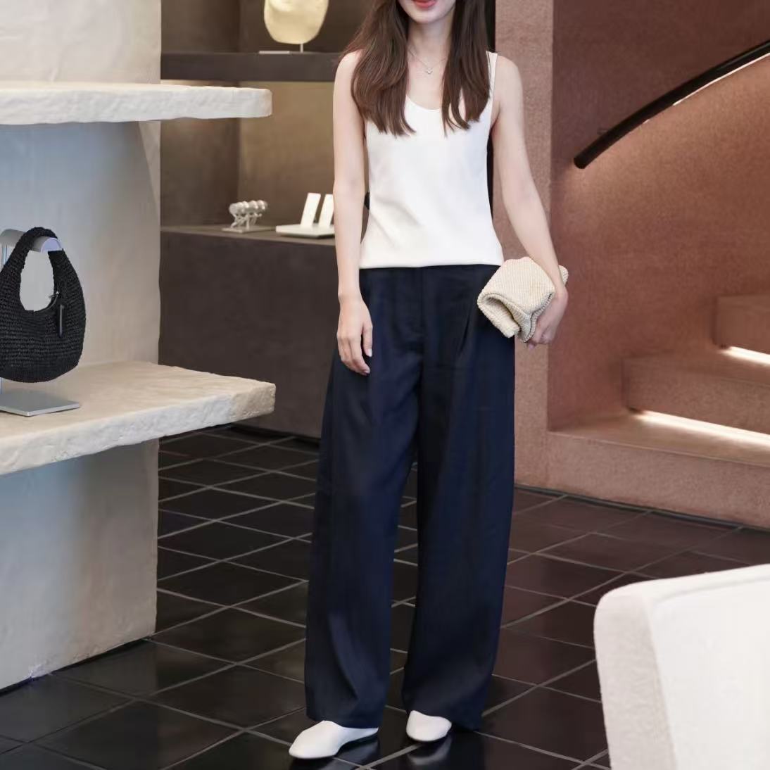 C+女装潮休闲版型亚麻压褶气球裤藏青色2026夏季新品1333131001