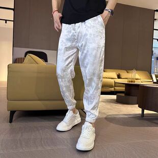 冰丝休闲裤男士夏季印花潮流中国风裤子束脚九分运动裤ins哈伦裤
