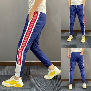 刺绣休闲小脚九分裤 夏季 子男修身 欧货潮牌冰丝侧边条纹速干裤 新款