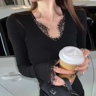 修身 法式 内搭长袖 女春秋冬季 上衣 叠穿纯欲黑色蕾丝花边V领打底衫