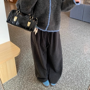 慵懒复古格子毛呢抽绳休闲长裤子女春秋季高腰直筒宽松显瘦阔腿裤