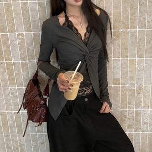 内搭韩系蕾丝花边假两件修身 法式 女春秋季 打底衫 上衣 纯欲辣妹长袖