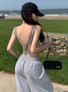 美式修身带胸垫扭结露背连体上衣