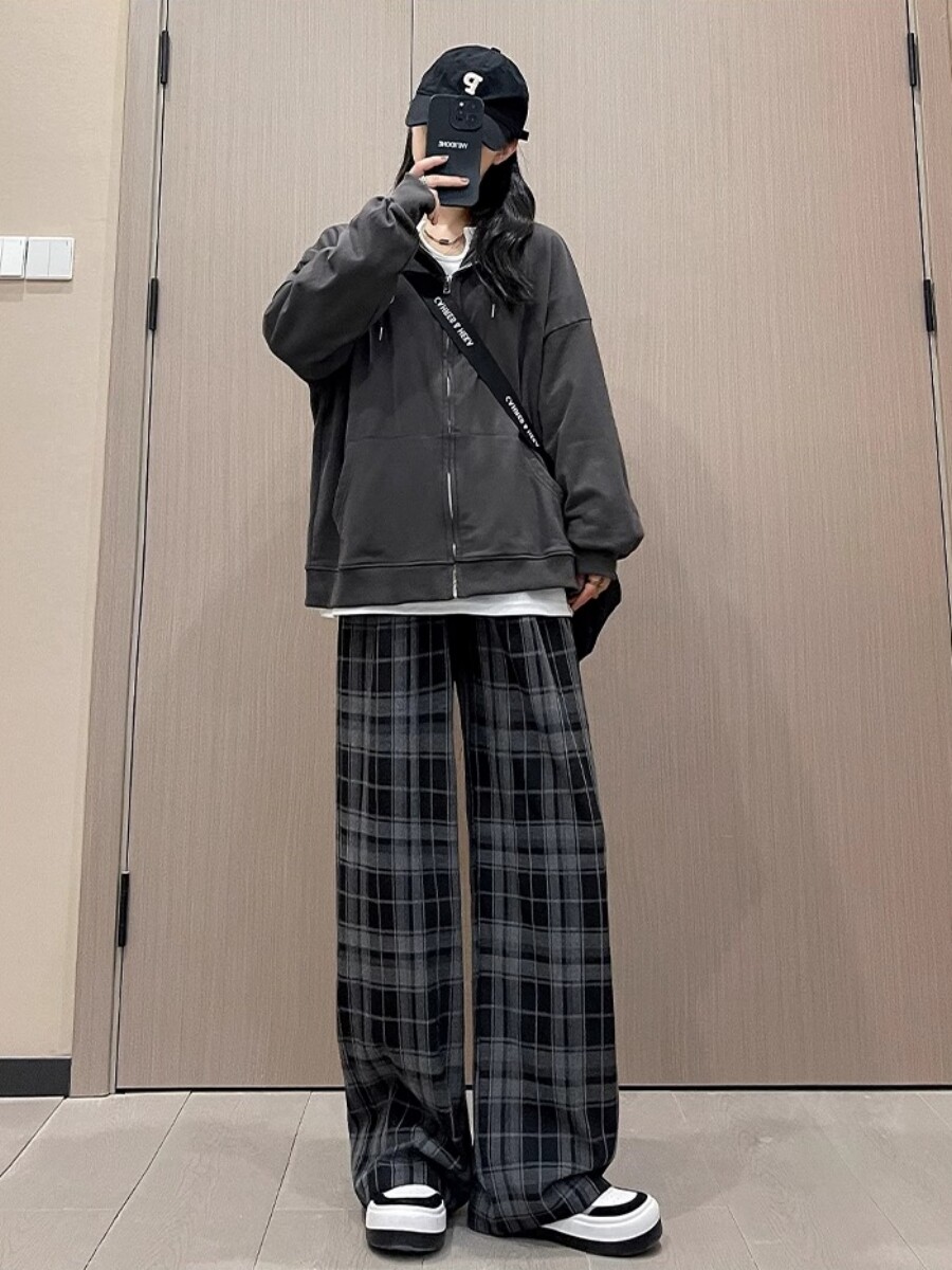 美式黑格子拖地长裤子女春秋冬季高腰宽松显瘦休闲复古直筒阔腿裤