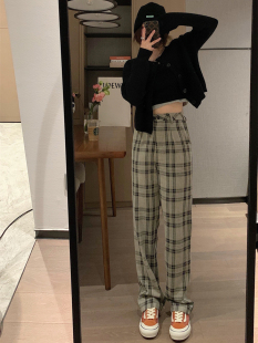 复古韩版春夏格子裤女学生直筒裤高腰宽松显瘦西装阔腿休闲长裤秋