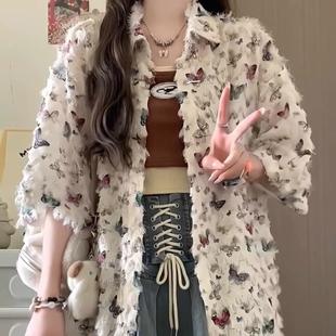 韩版休闲复古蝴蝶短袖衬衫外套女春秋夏季外搭艺术感宽松叠穿上衣