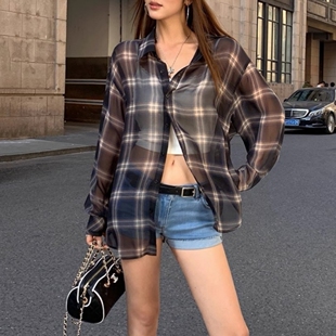 美式复古宽松格子长袖薄衬衫女春秋外搭夏季雪纺防晒外套休闲上衣