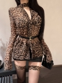 性感外搭纯欲风中长款 女春夏季 收腰上衣 雪纺衬衫 复古豹纹v领长袖