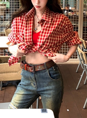 复古红色格子长袖衬衫女夏季防晒薄款外套慵懒风宽松气质开衫上衣