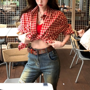 复古红色格子长袖衬衫女夏季防晒薄款外套慵懒风宽松气质开衫上衣