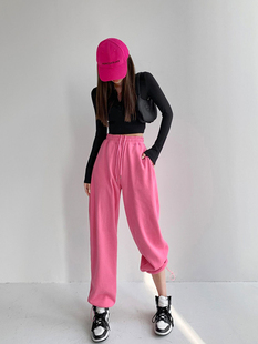 ins 拖地束脚卫裤 欧美宽松显瘦休闲运动长裤 女春秋粉色高腰阔腿裤