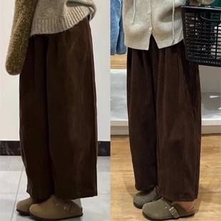 子 美拉德宽松休闲直筒高腰显瘦咖色裤 复古灯芯绒阔腿长裤 女春秋季