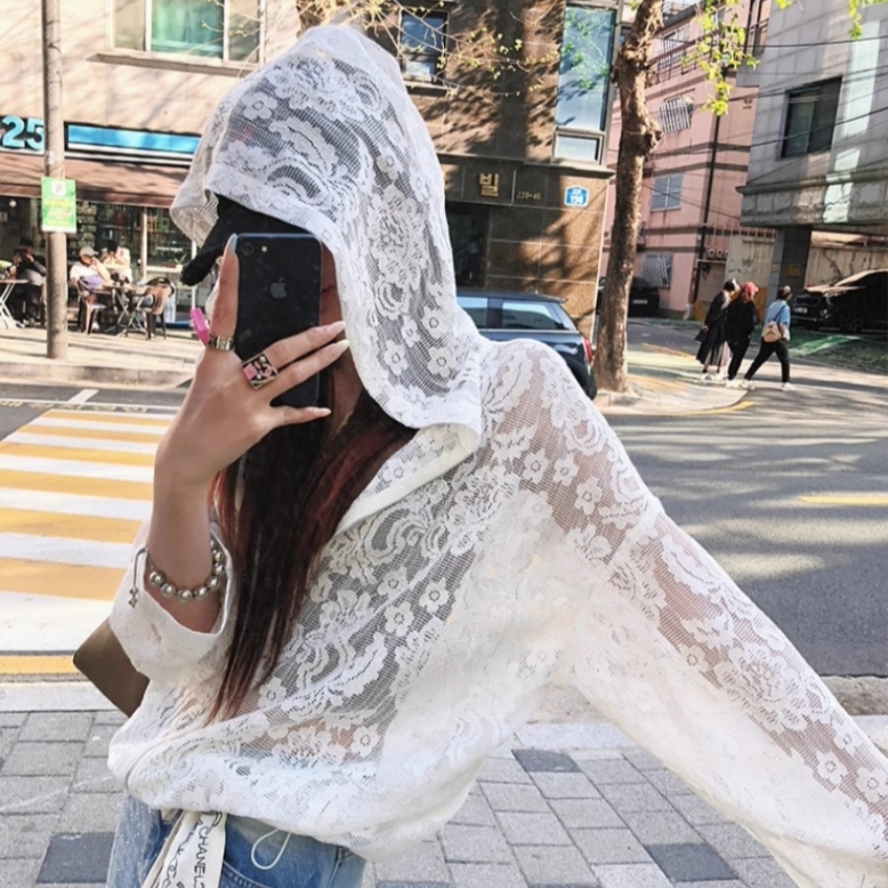 法式蕾丝花开衫连帽拉链薄外套女春夏季防晒长袖外搭宽松休闲上衣