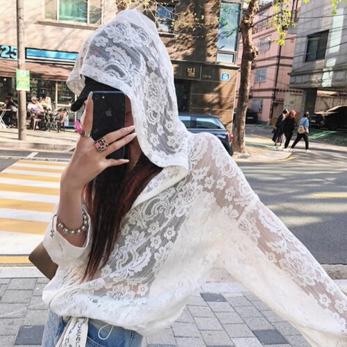 法式蕾丝花开衫连帽拉链薄外套女