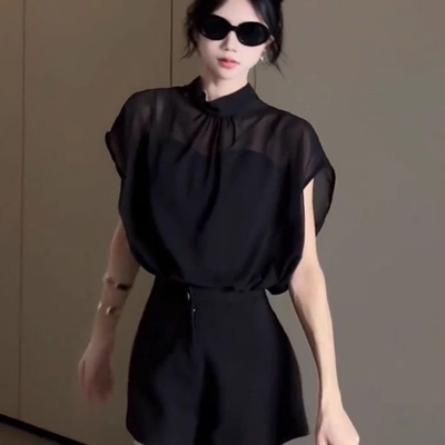 黑色薄纱蝴蝶结绑带短袖雪纺衬衫
