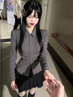 韩版春秋收腰显瘦弹力长袖衬衫女纯欲风辣妹修身褶皱灰色翻领上衣