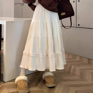法式复古花边蛋糕裙中长款半身裙女春秋季宽松A字伞裙丝绒蓬蓬裙