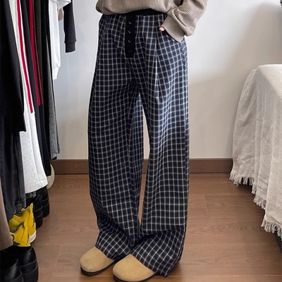 美式复古撞色蓝格子阔腿长裤子女