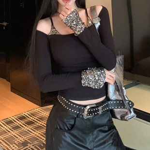 辣妹假两件亮片吊带长袖 内搭短款 打底衫 修身 露肩上衣 女春秋季 法式
