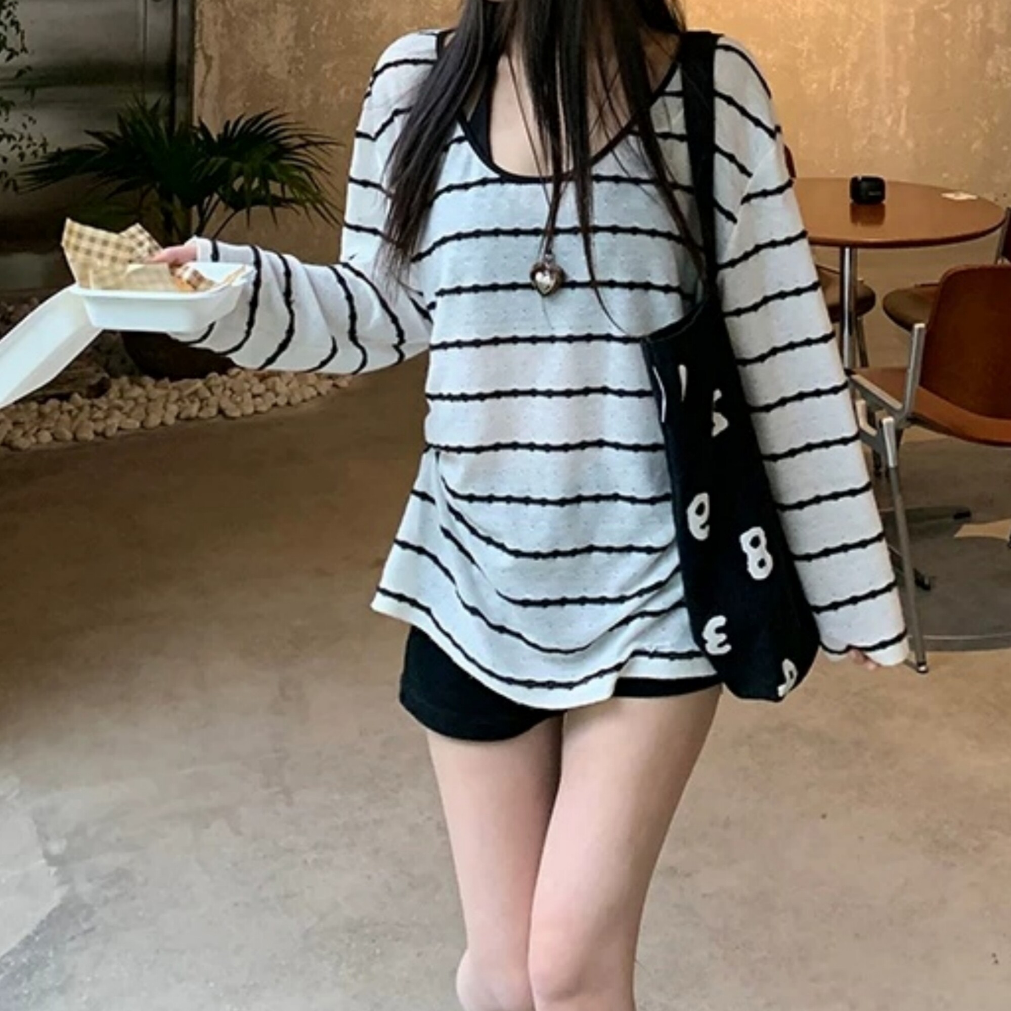 韩系条纹长袖罩衫上衣吊带两件套图片
