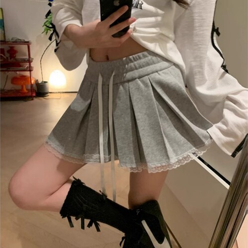 蕾丝花边A字裙休闲运动抽绳短裙