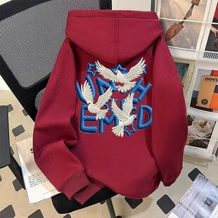 美式复古潮牌鸽子仿刺绣印花大码连帽卫衣男女秋冬宽松加绒百外套