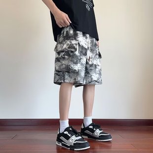 夏季 短褲 美式 男款 子休閑褲 迷彩工裝 水墨扎染設(shè)計(jì)感運(yùn)動(dòng)百搭五分褲