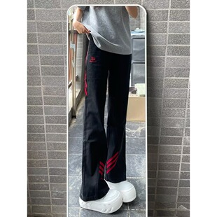 加绒加厚三杠条纹拼接刺绣牛仔裤男女款显瘦高腰裤子弯刀微喇长裤