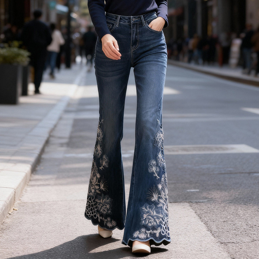 风姿歌2026年春季新款刺绣花微喇叭牛仔裤女国风高腰大码显瘦长裤,女装/女士精品,牛仔裤,淘宝优惠券,粉丝福利购,淘宝优惠卷