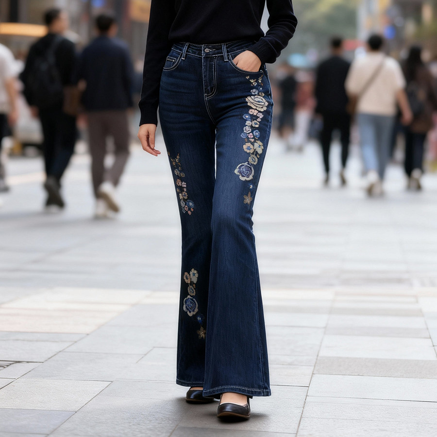 风姿歌2026年春季新款刺绣微喇叭牛仔裤女新中式高腰大码显瘦长裤,女装/女士精品,牛仔裤,淘宝优惠券,粉丝福利购,淘宝优惠卷