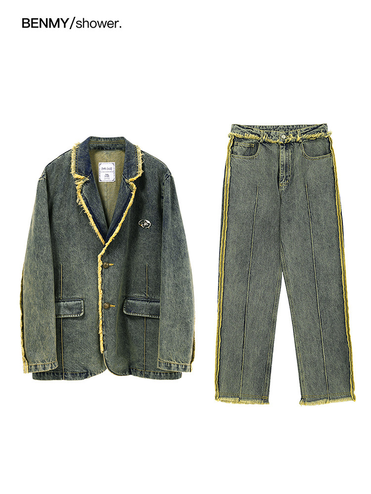 BENMYSHOWER 내셔널 패션 아메리칸 레트로 태슬 데님 재킷 바지 유행 브랜드 남성 및 여성 투피스 슈트