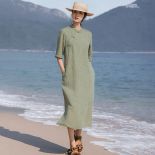 中国风改良旗袍裙棉麻格纹连衣裙怀旧蕾丝复古盘扣一步裙夏季 新款