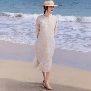 26原创苎麻碎花刺绣改良旗袍裙复古盘扣立领中国风夏季 连衣裙 新款