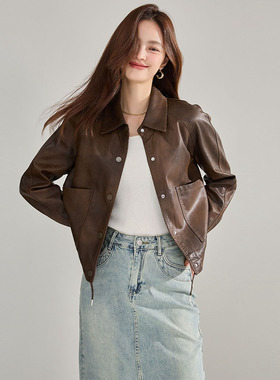 25秋季新款pu皮衣翻领复古外套女流行短款抽绳港风夹克上衣18663